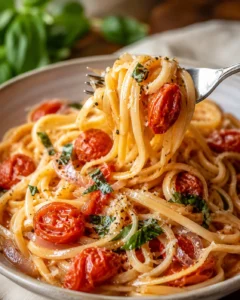 Close-up of a fork lifting pasta with cherry tomatoes and basil in a bowl
