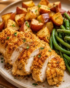 Crispy Parmesan crusted chicken with roasted potatoes and green beans on a plate.
