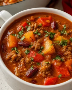A bowl of hearty pumpkin chili with beef, vegetables, and spices garnished with herbs.