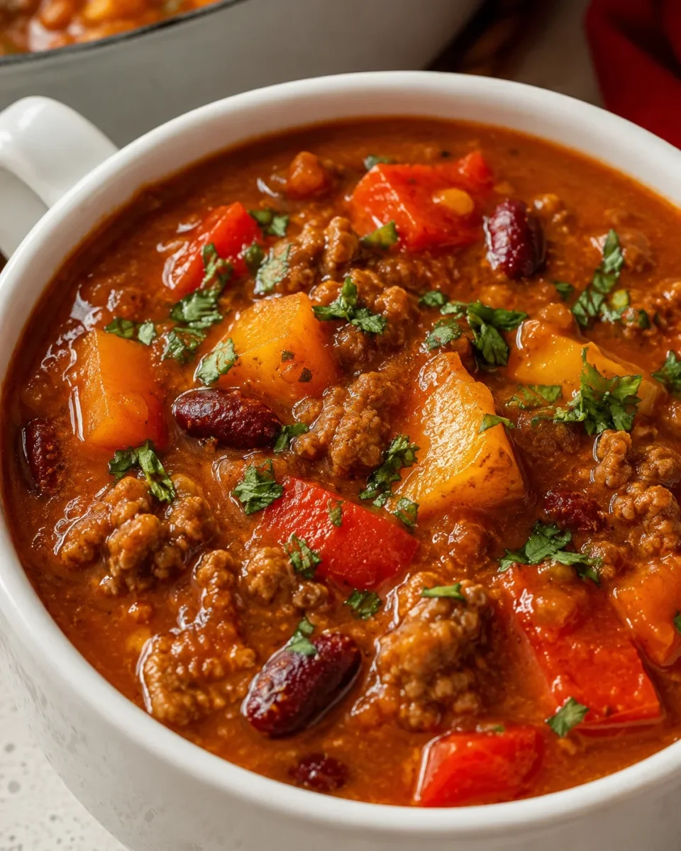 A bowl of hearty pumpkin chili with beef, vegetables, and spices garnished with herbs.