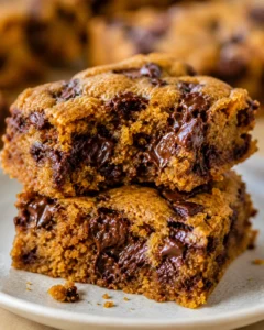 Close-up of fudgy pumpkin chocolate chip bars with melted chocolate and crispy edges.