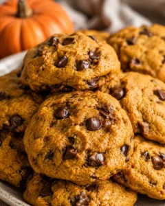 Freshly baked chewy pumpkin chocolate chip cookies with pumpkin in background.