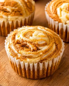 Delicious moist pumpkin muffins topped with cream cheese swirl.