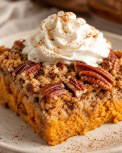 Close-up of a slice of pumpkin dump cake topped with whipped cream and pecans.