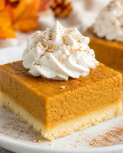 Close-up of pumpkin pie bars topped with whipped cream and sprinkled with cinnamon