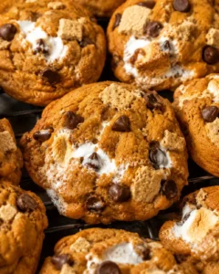 Close-up of soft pumpkin s'mores cookies with marshmallows and chocolate chunks