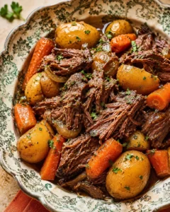 Hearty pot roast with tender beef, potatoes, carrots, and onions in a decorative bowl