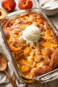 Homemade peach cobbler topped with ice cream and cinnamon in a glass dish.