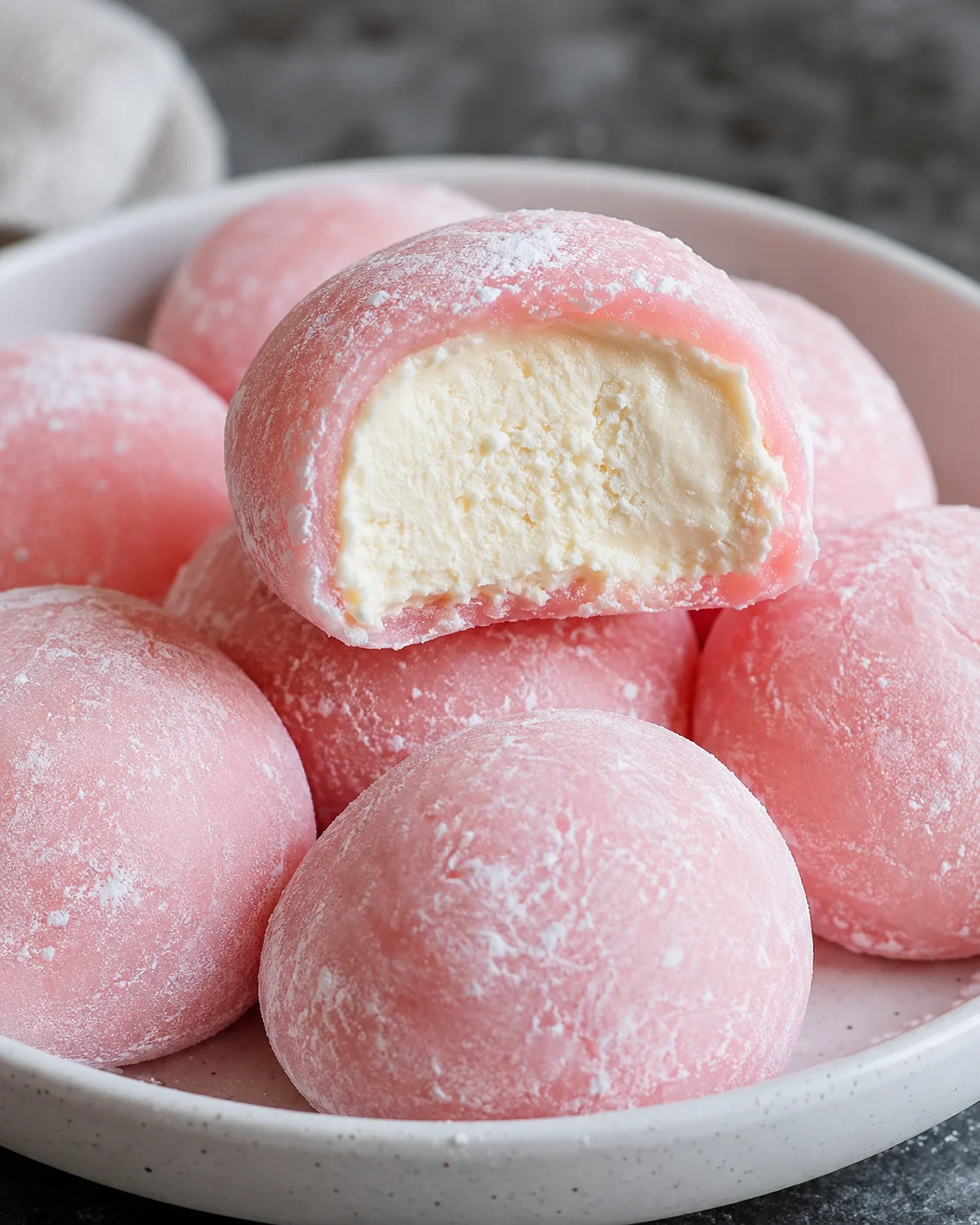Delicious pink mochi ice cream balls with one broken to reveal creamy filling
