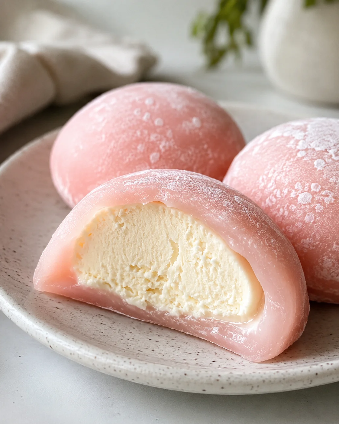 Delicious pink mochi ice cream with revealed creamy filling on a plate