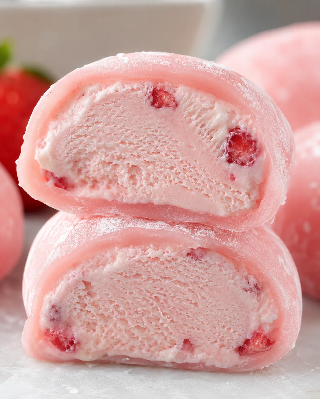 Close-up of sliced pink mochi ice cream with strawberries in background
