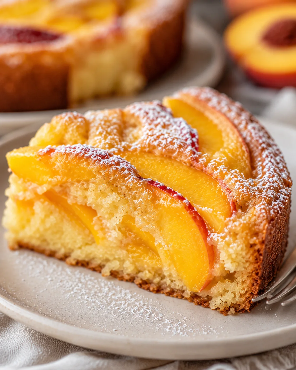 Close-up of a slice of moist peach cake with fresh peach slices on top