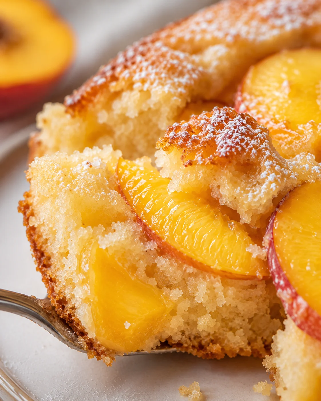 Close-up of a moist peach cake topped with fresh peach slices and powdered sugar.