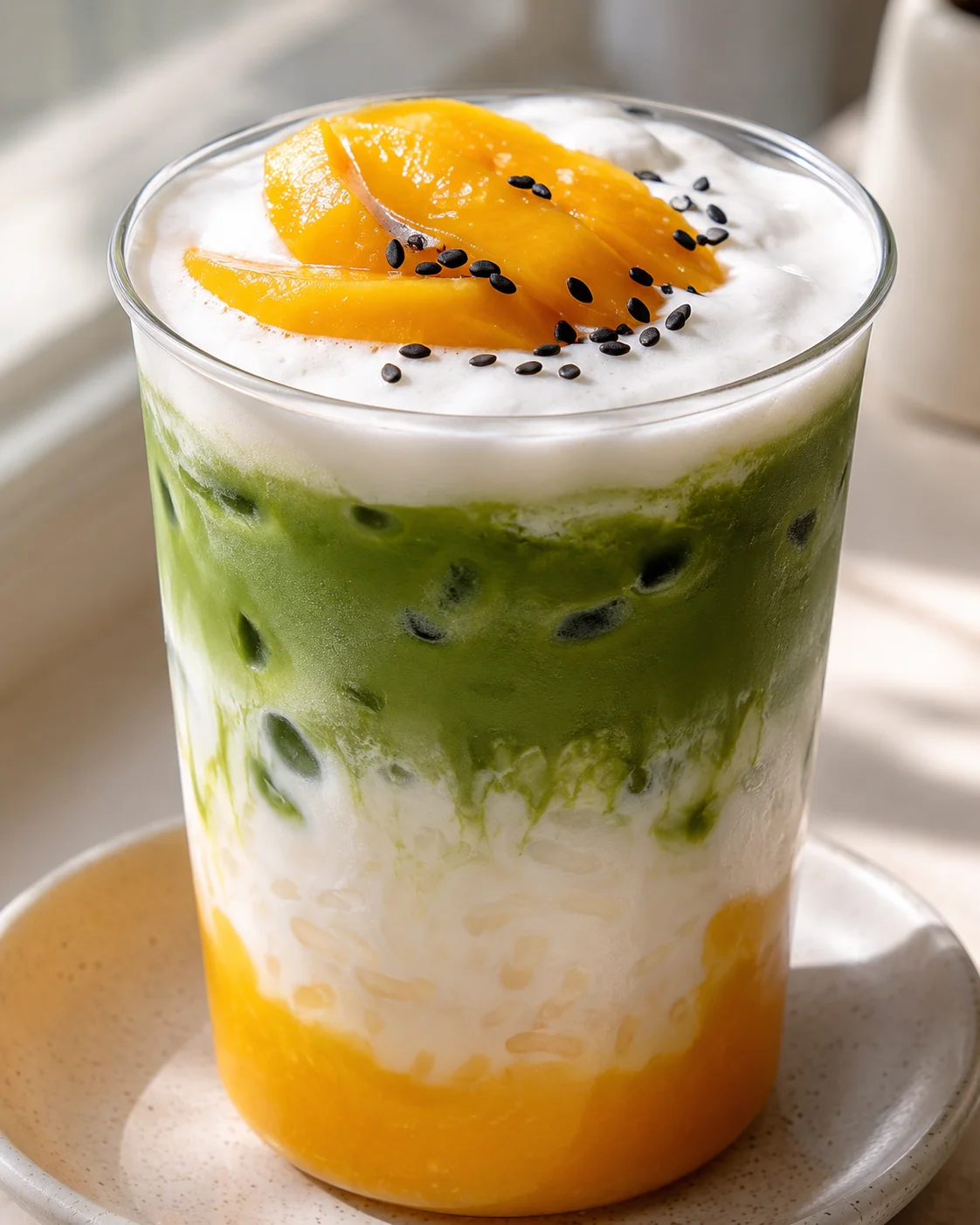 Close-up of a layered mango sticky rice matcha latte with toppings
