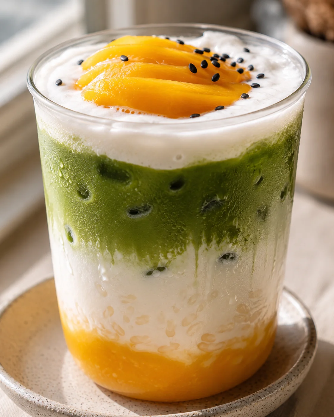 A vibrant layered drink with mango slices, green matcha, and creamy toppings