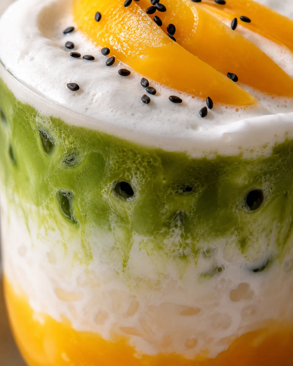 Close-up of a vibrant mango sticky rice matcha latte with toppings