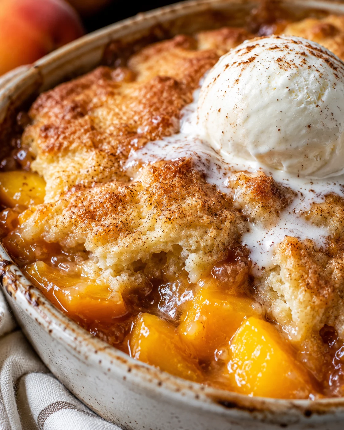 Close-up of warm peach cobbler topped with vanilla ice cream and cinnamon