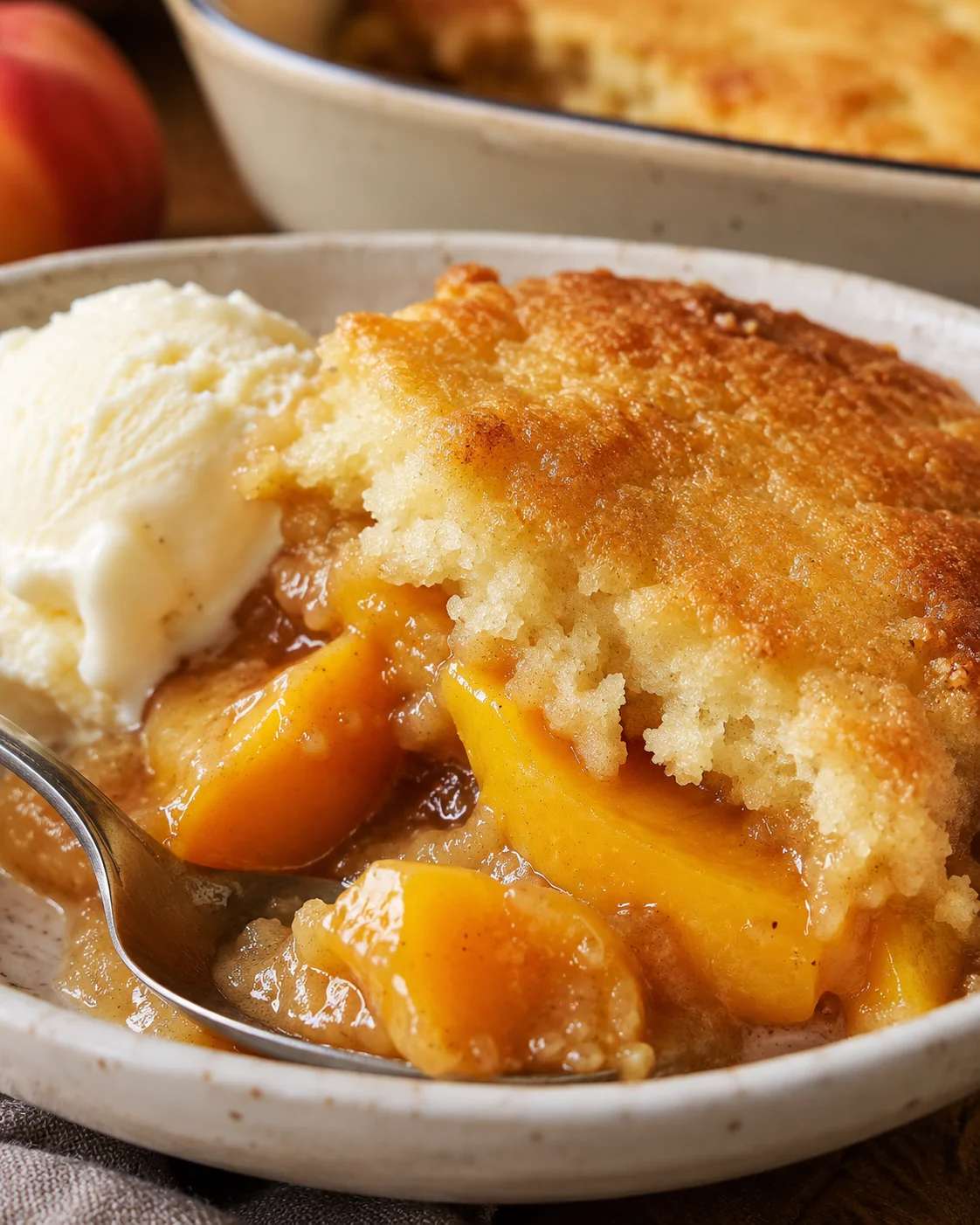 Warm peach cobbler served with a scoop of vanilla ice cream.