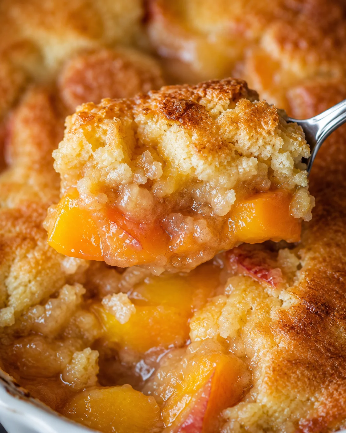 Close-up of warm peach cobbler with scooped spoon, topped with cinnamon
