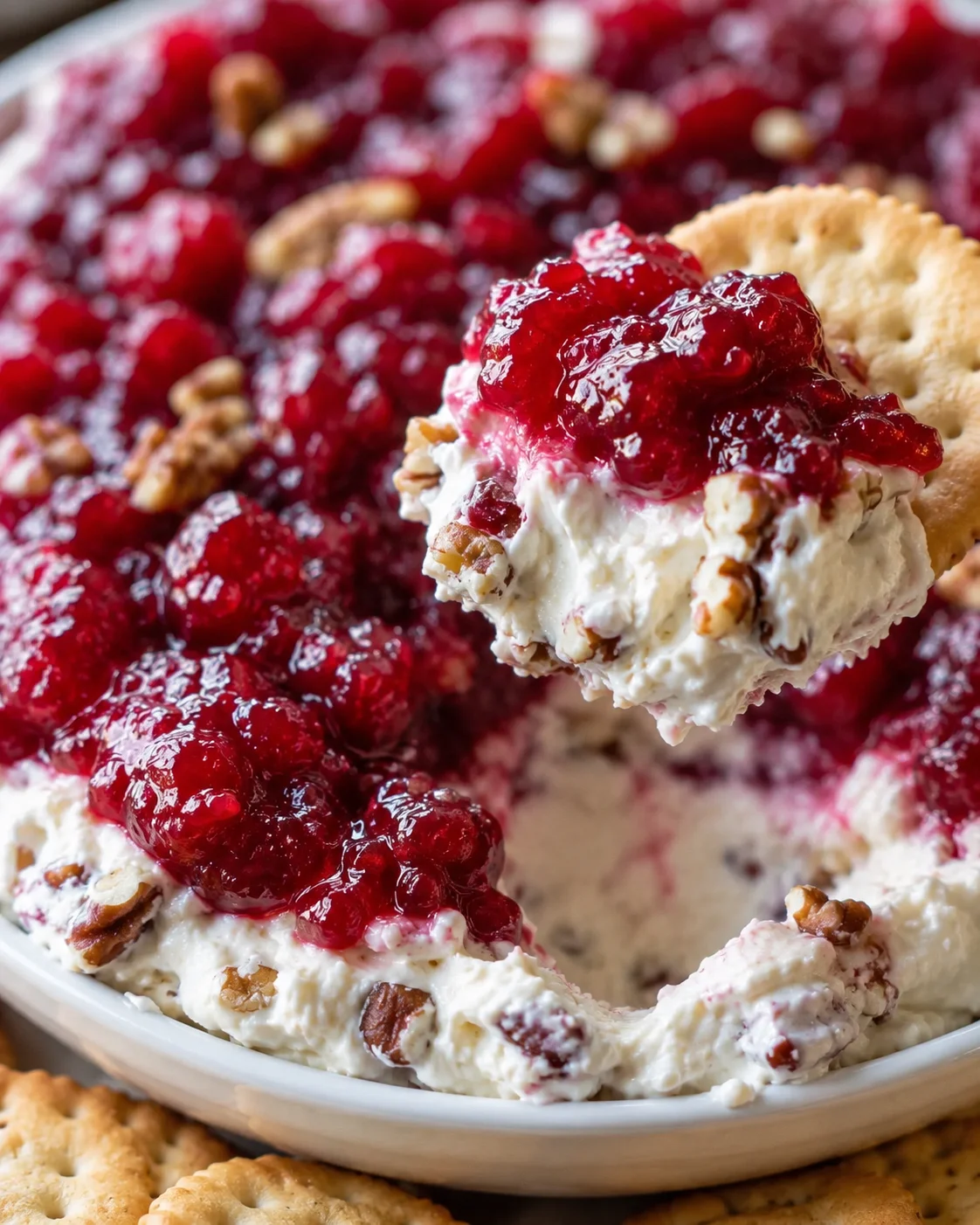 Cream cheese dip topped with cranberry sauce and chopped pecans, served with crackers.