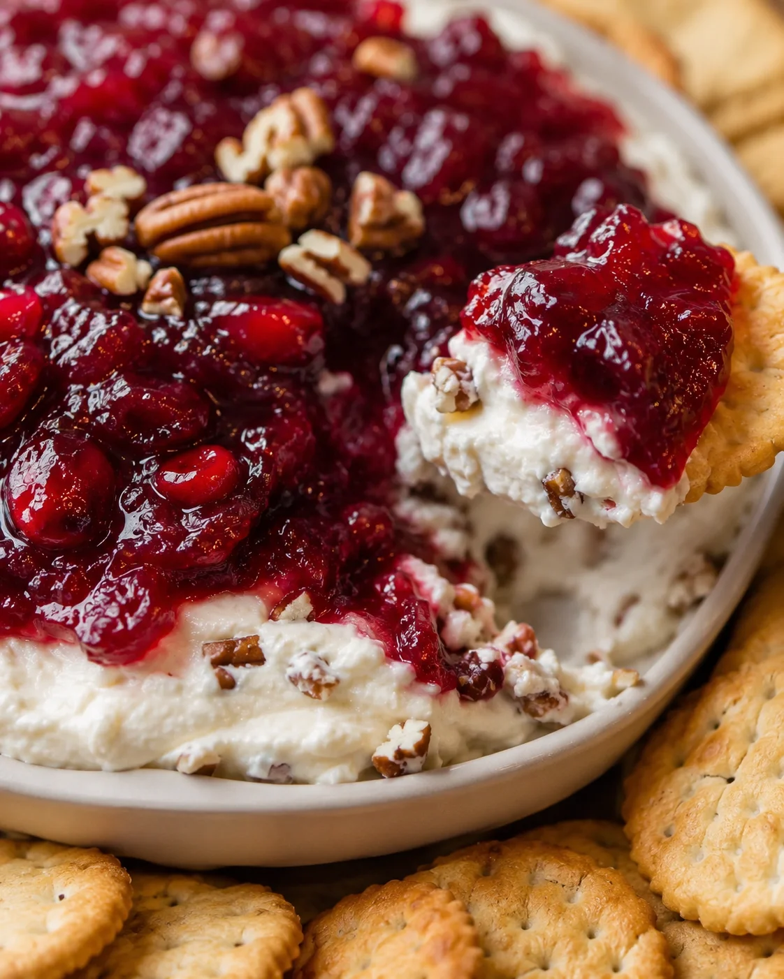 Creamy cranberry dip topped with chopped pecans served with cookies.