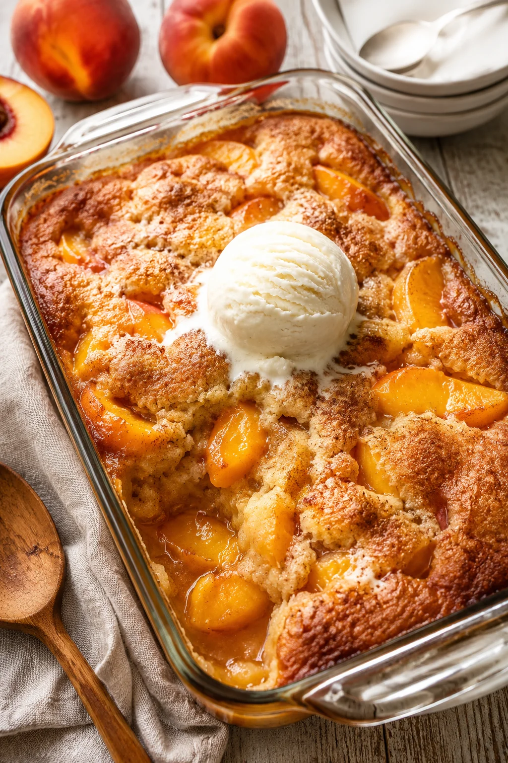 Homemade peach cobbler topped with ice cream and cinnamon in a glass dish.