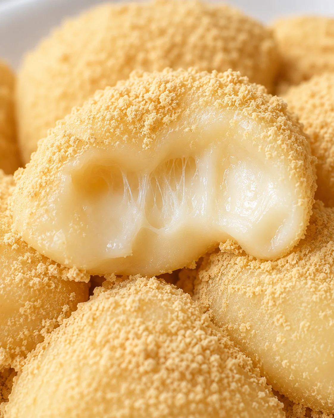 Soft, chewy, and stretchy mochi coated in roasted soybean powder in this close-up photo.