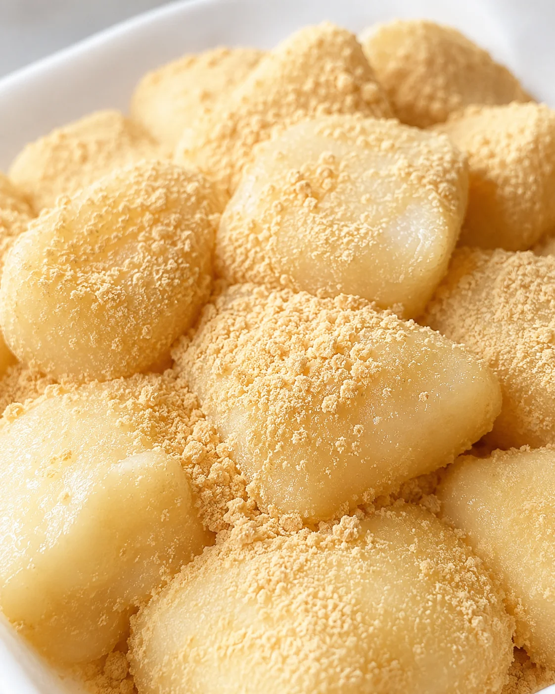 Soft, chewy, and stretchy milk mochi coated in roasted soybean powder.