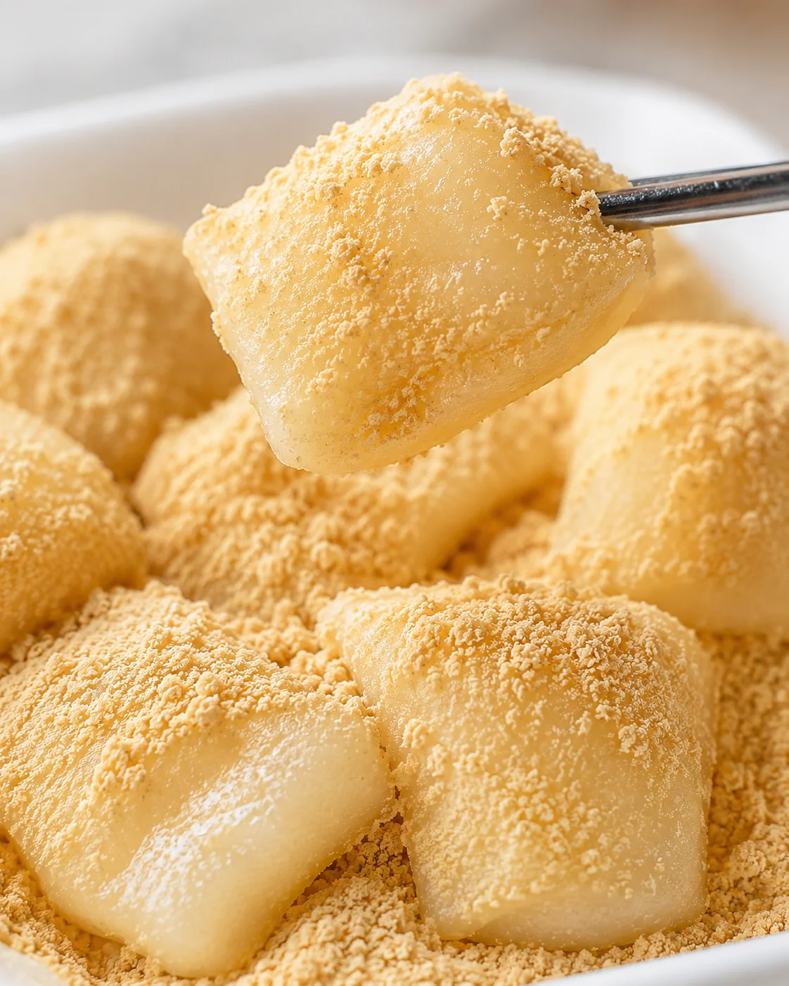 Soft, chewy pan-fried milk mochi coated in roasted soybean powder, ready to enjoy.