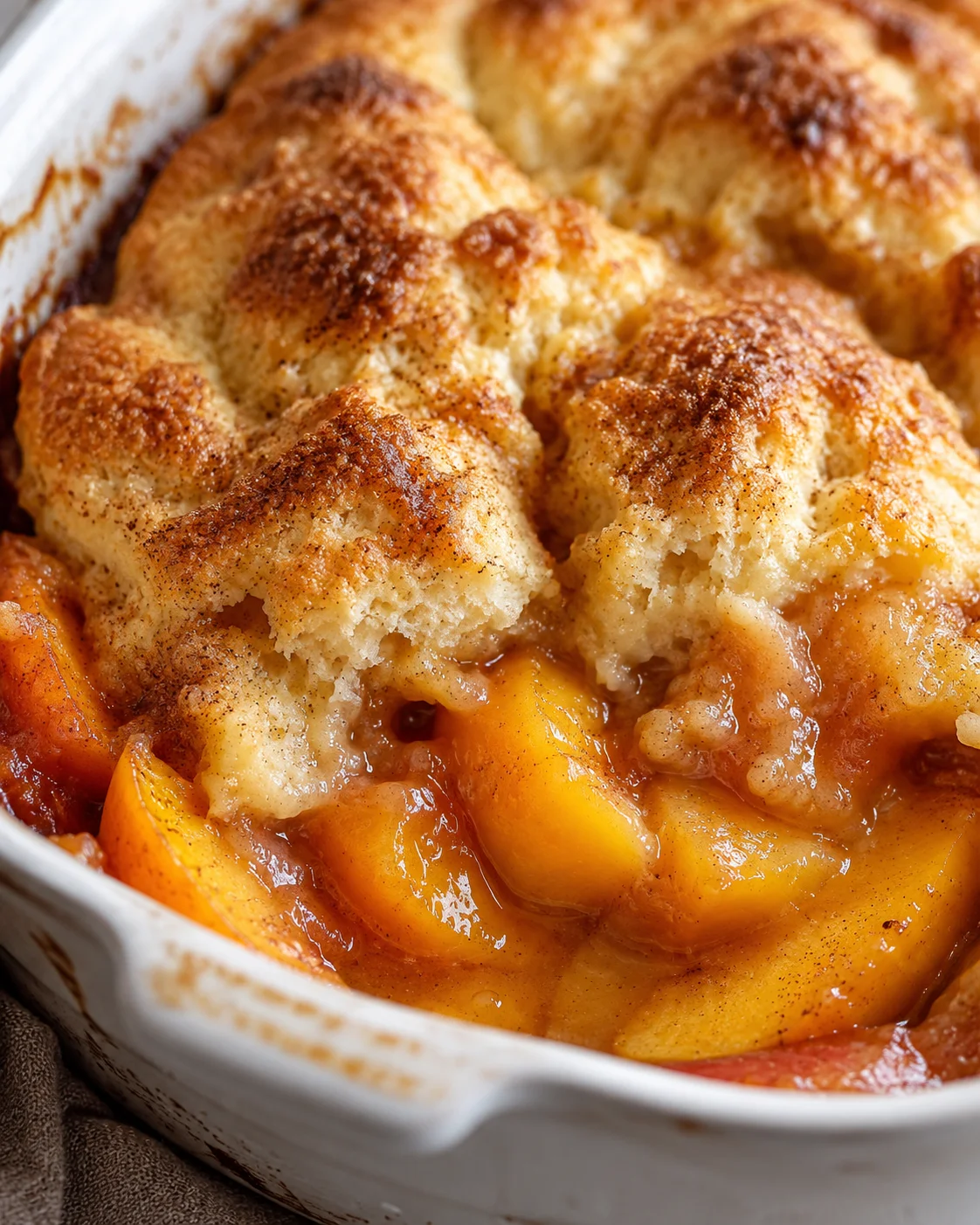 Close-up of warm peach cobbler with golden biscuit topping