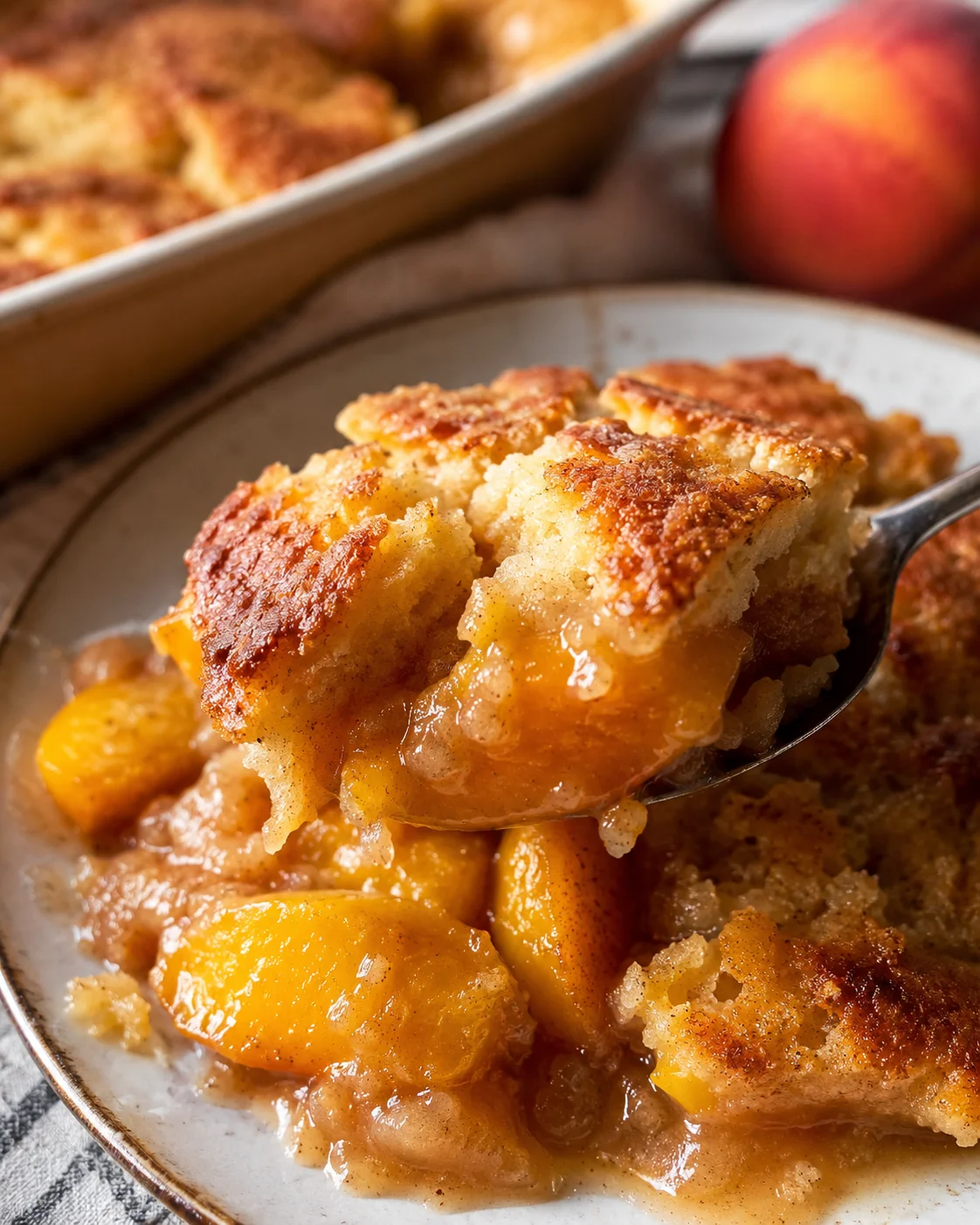 Golden peach cobbler with juicy peaches and biscuit topping, served warm and inviting.
