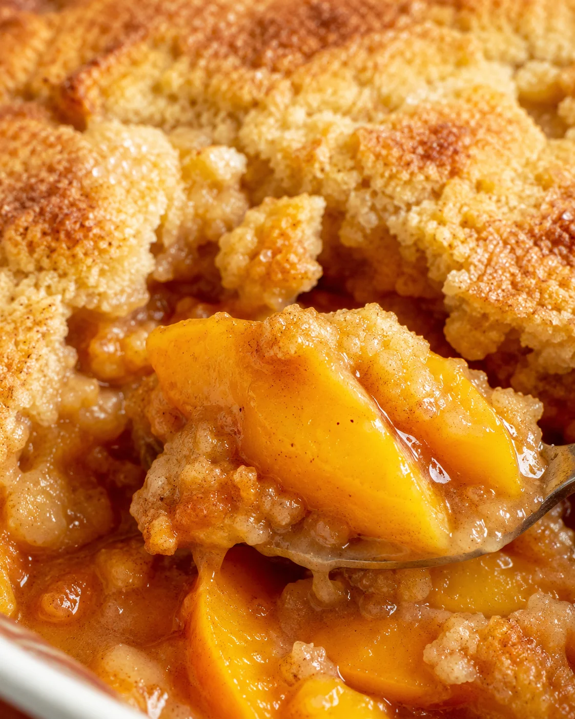 Close-up of warm peach cobbler with juicy peaches and biscuit topping