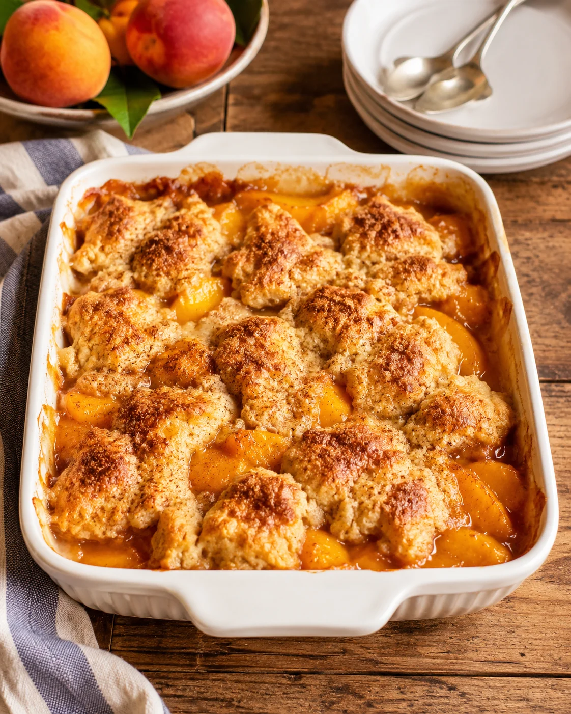 Warm, golden peach cobbler with biscuit topping and cinnamon sugar