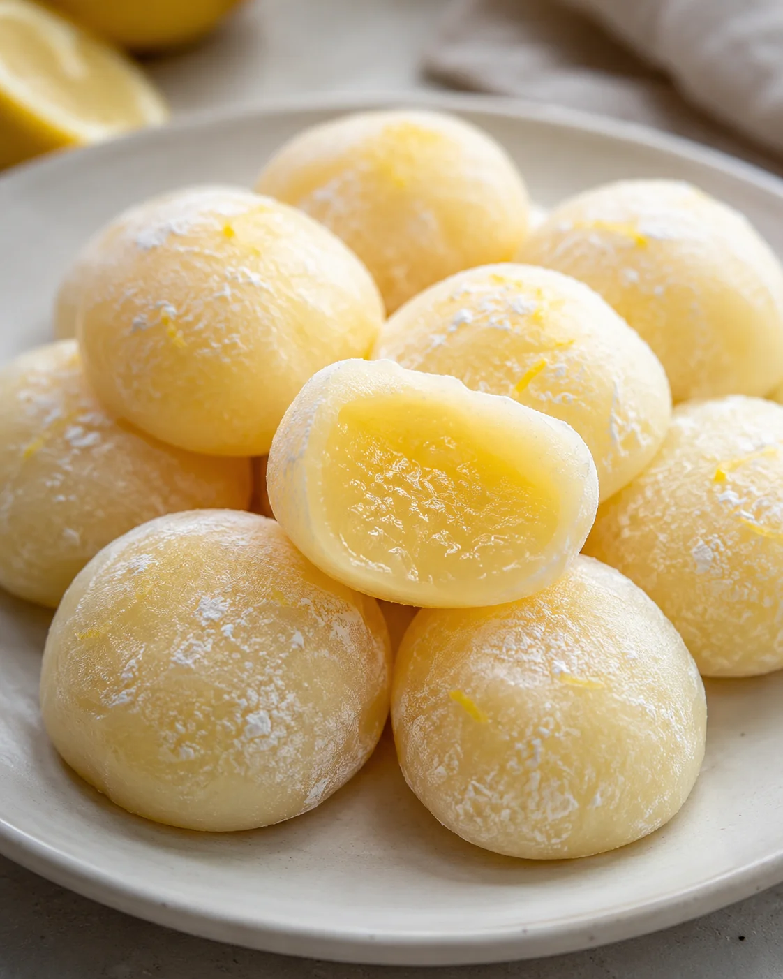 Delicious lemon-flavored mochi arranged on a white plate with lemon slices in background