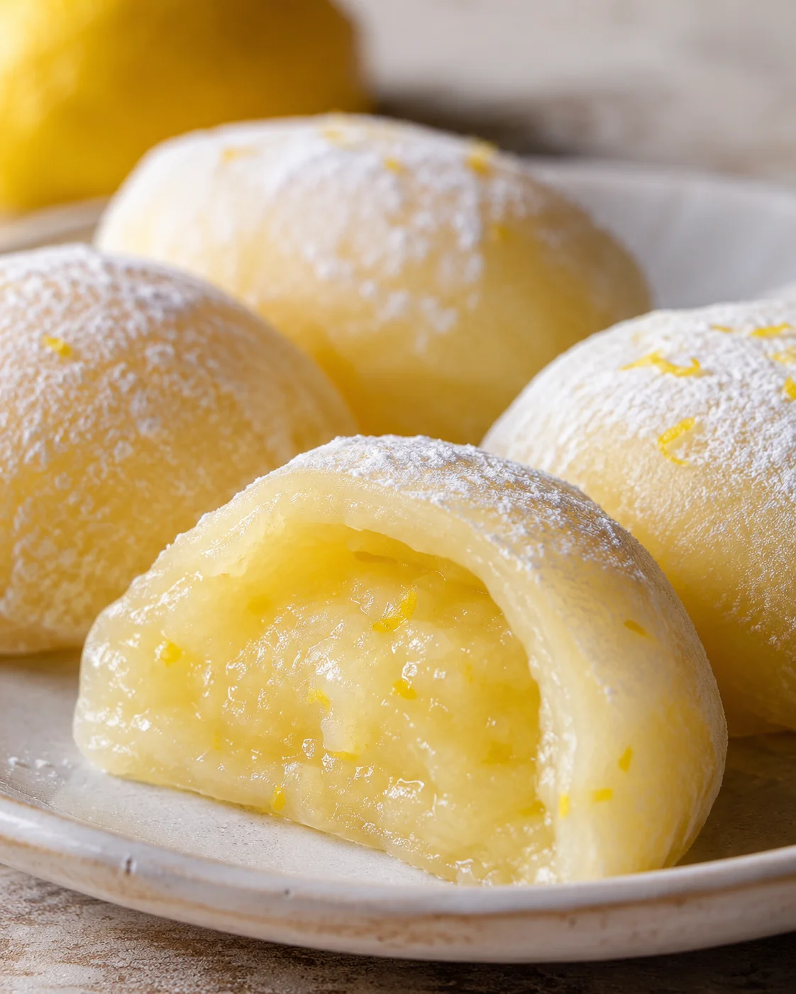Close-up of the soft, lemon-flavored mochi balls dusted with powdered sugar.