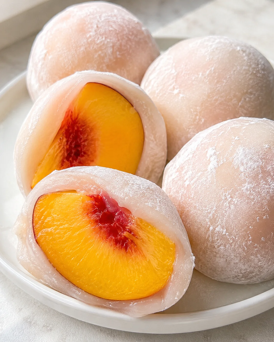 Image of fresh, ripe peaches with one cut open showing juicy flesh.