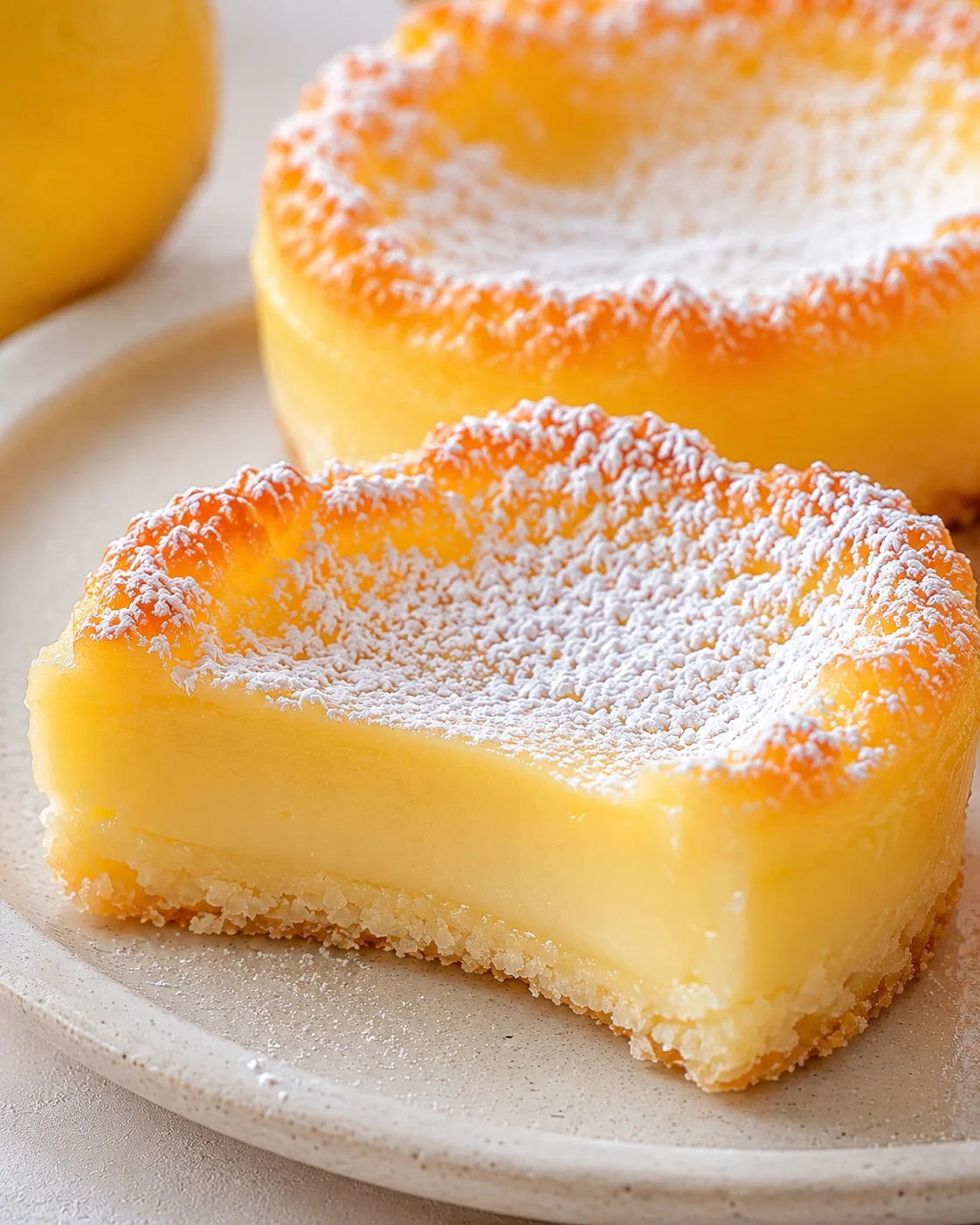 Close-up of golden mini lemon impossible pies with powdered sugar topping.