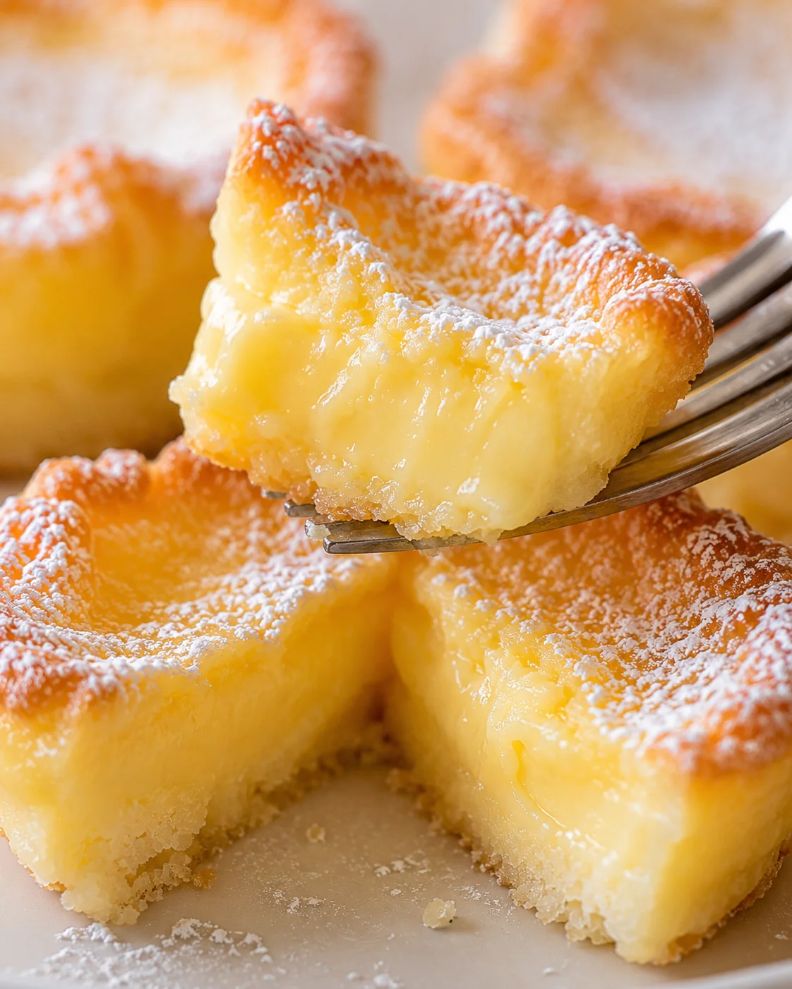 Close-up of a fork lifting a mini lemon impossible pie, showing its creamy texture.