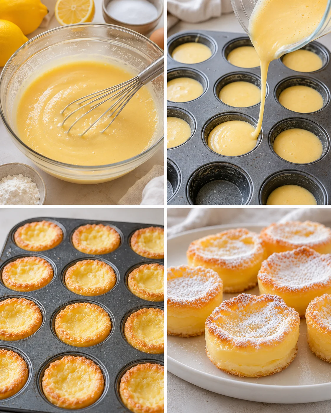 Bright, mini lemon impossible pies with golden edges and soft, silky texture.