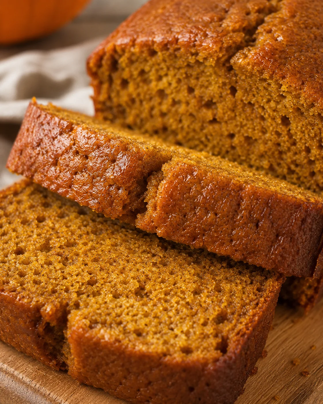 Delicious, moist pumpkin bread slices with warm spices on a wooden surface.