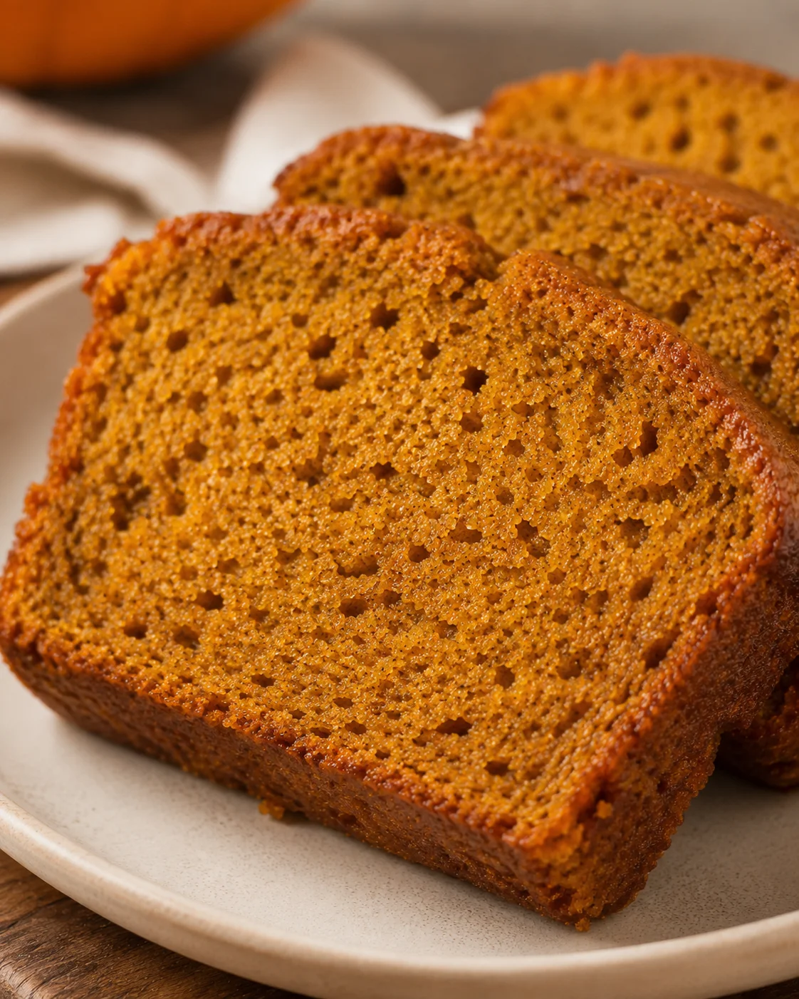 Close-up of freshly baked, moist pumpkin bread slices on a white plate