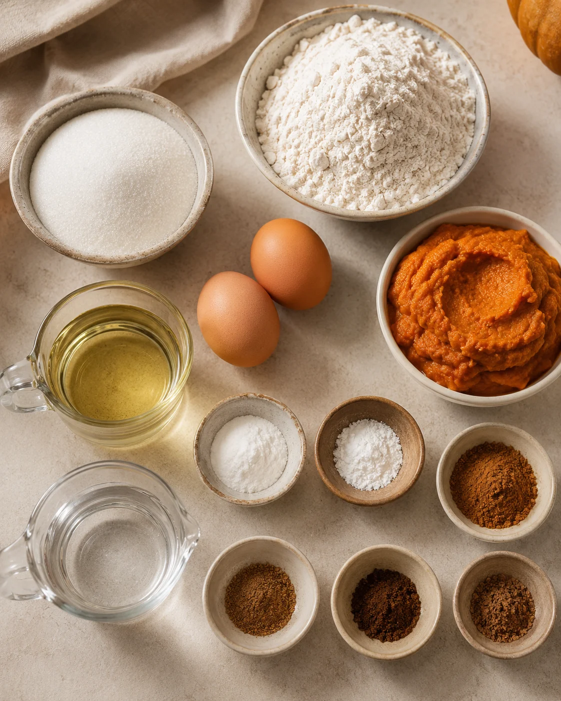 Bowls and measuring cups filled with pumpkin bread ingredients on a kitchen counter.