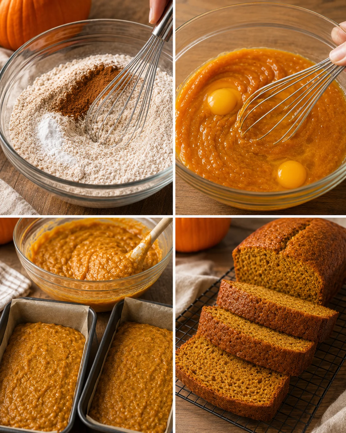 Step-by-step images of mixing dry ingredients, combining pumpkin and eggs, and baking bread.