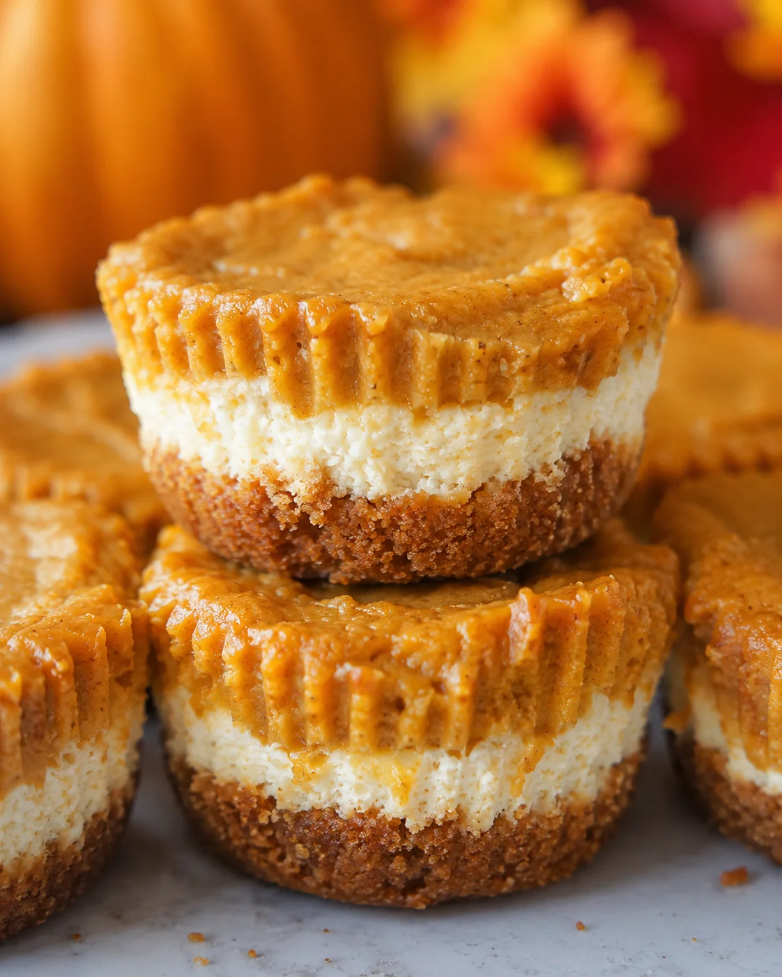 Close-up of mini pumpkin cheesecakes with crunchy crust and pumpkin topping.