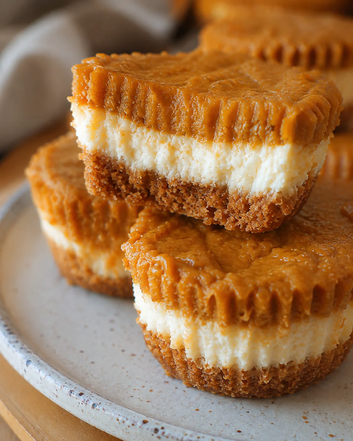 Delicious mini pumpkin cheesecakes with a graham cracker crust and pumpkin topping.