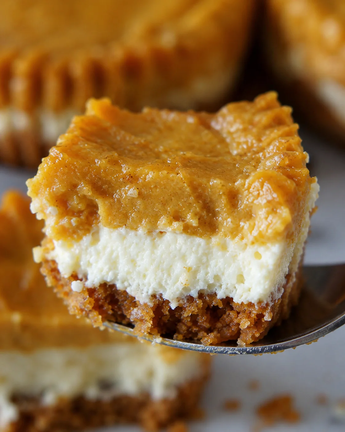 Close-up of a mini pumpkin cheesecake with a graham crust and spiced pumpkin topping