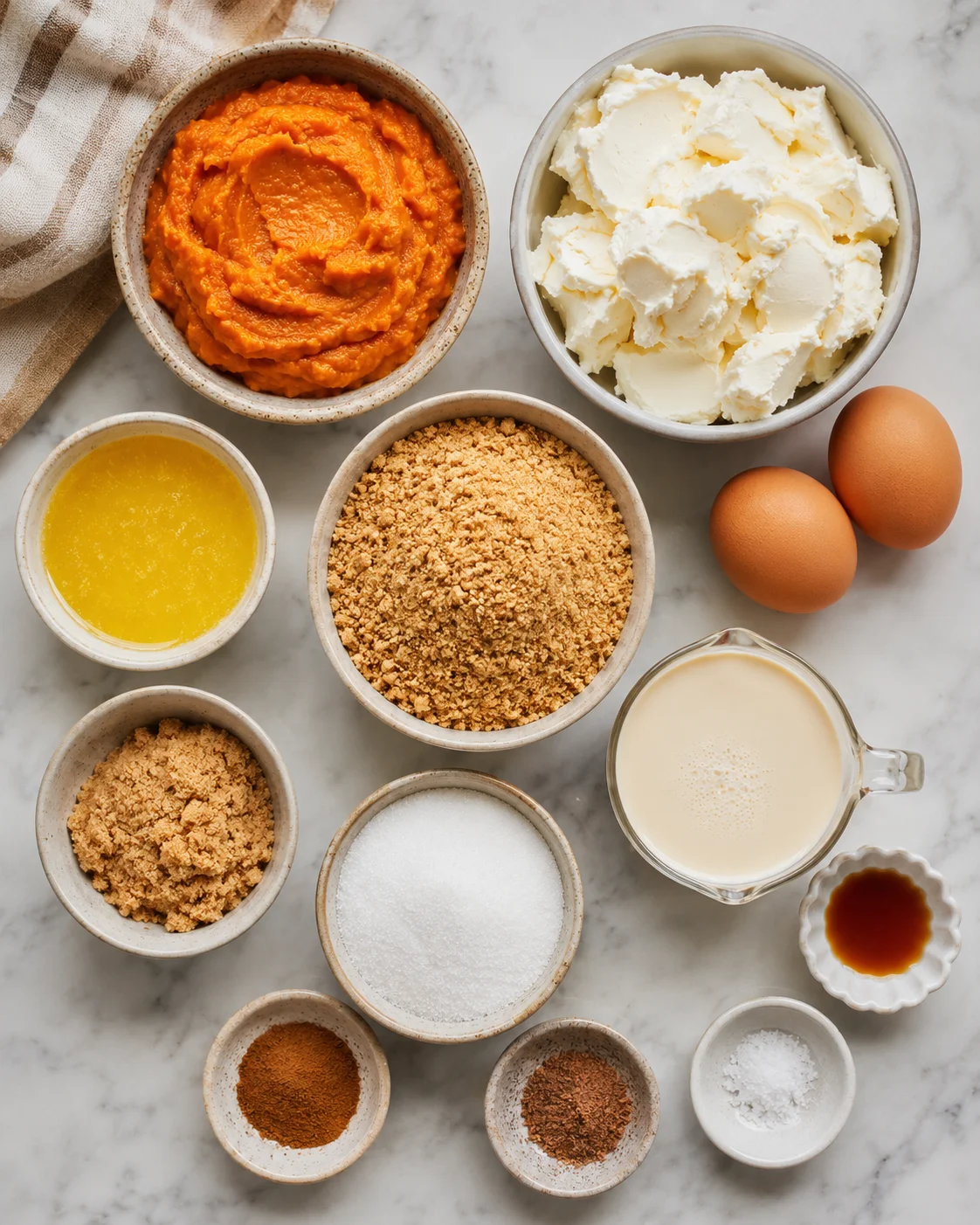 Assorted ingredients for mini pumpkin cheesecakes on a marble surface.
