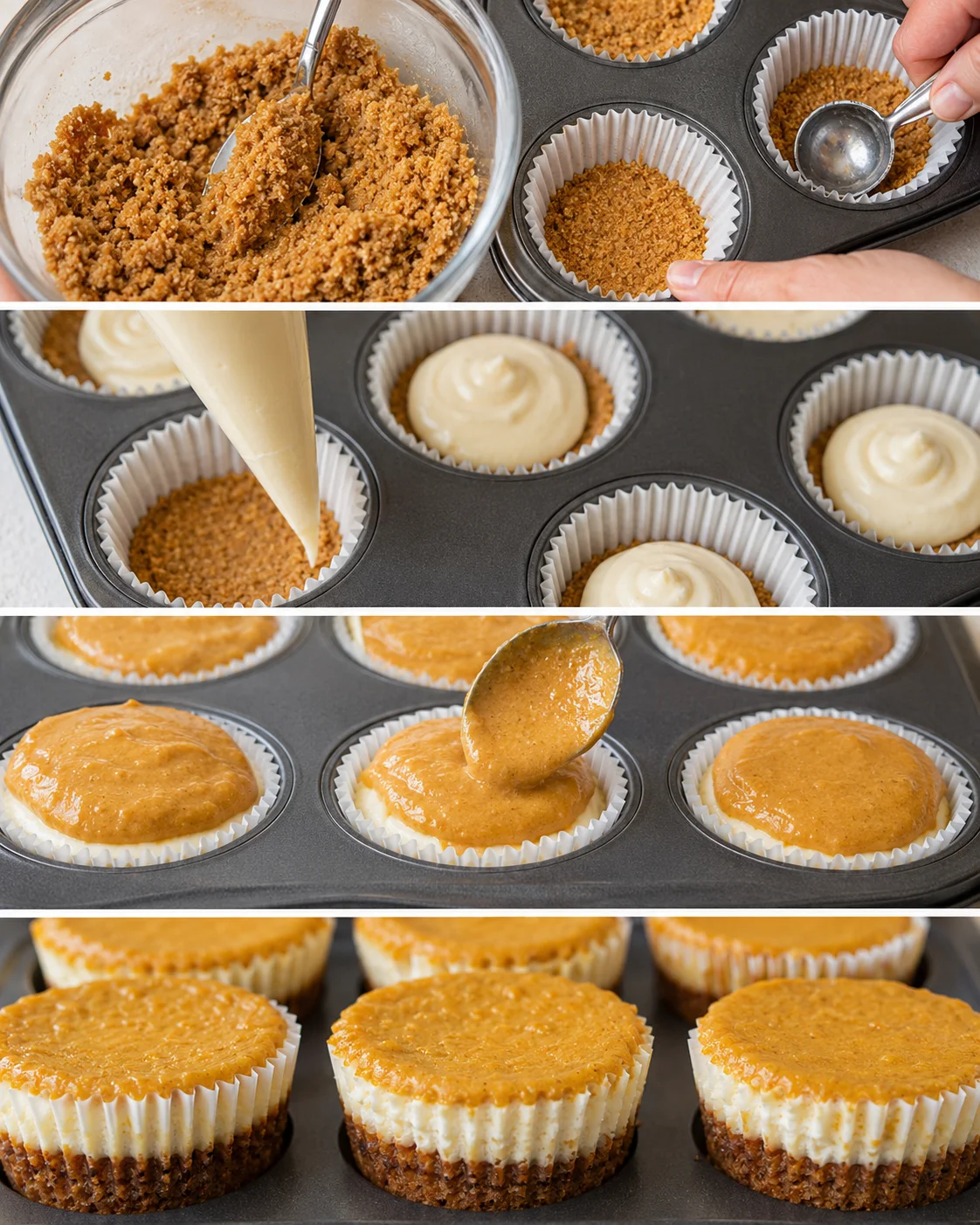 Step-by-step process of assembling mini pumpkin cheesecakes with crust, filling, and topping