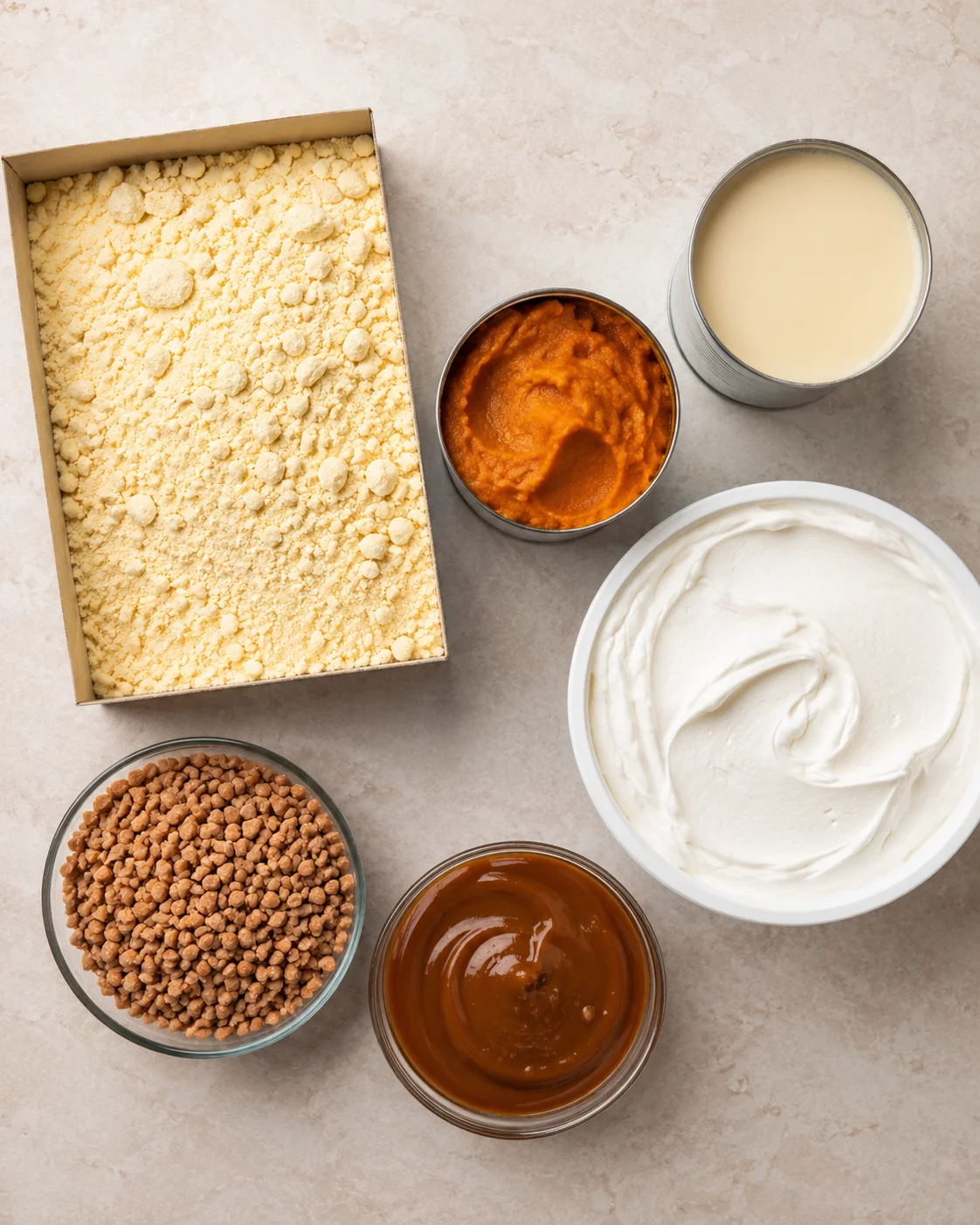 Ingredients for pumpkin cake topped with caramel, Heath bits, and whipped cream in a baking dish.