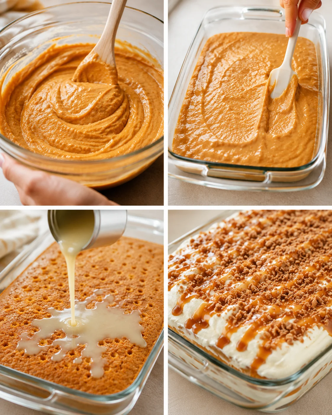 Layered pumpkin dessert with caramel, Cool Whip, and crunchy Heath bits